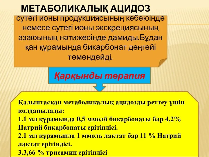 МЕТАБОЛИКАЛЫҚ АЦИДОЗ сутегі ионы продукциясының көбеюінде немесе сутегі ионы экскрециясының