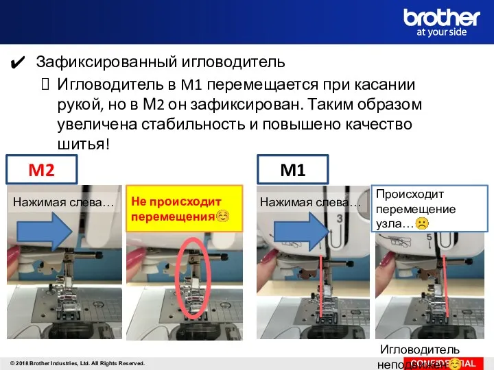 Зафиксированный игловодитель Игловодитель в M1 перемещается при касании рукой, но