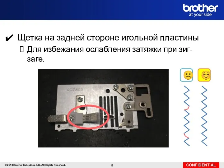 Щетка на задней стороне игольной пластины Для избежания ослабления затяжки при зиг-заге. ☺ ☹