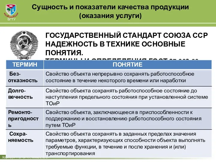 Сущность и показатели качества продукции (оказания услуги) Хорошун Н.В. БГТУ,