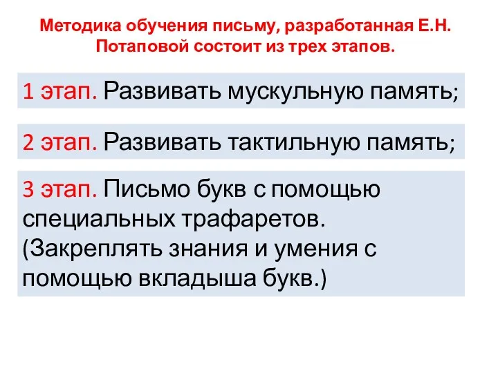 Методика обучения письму, разработанная Е.Н. Потаповой состоит из трех этапов.