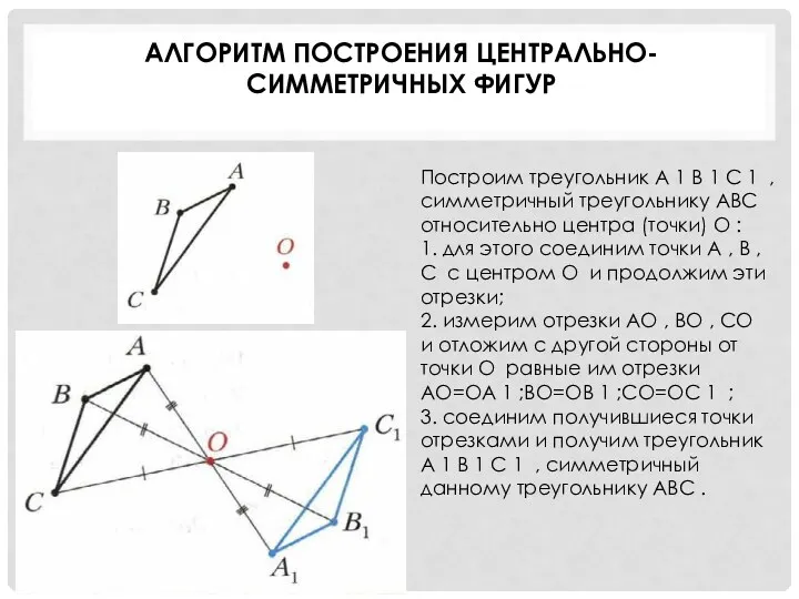 АЛГОРИТМ ПОСТРОЕНИЯ ЦЕНТРАЛЬНО-СИММЕТРИЧНЫХ ФИГУР Построим треугольник A 1 B 1