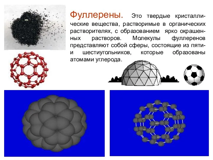 Фуллерены. Это твердые кристалли-ческие вещества, растворимые в органических растворителях, с