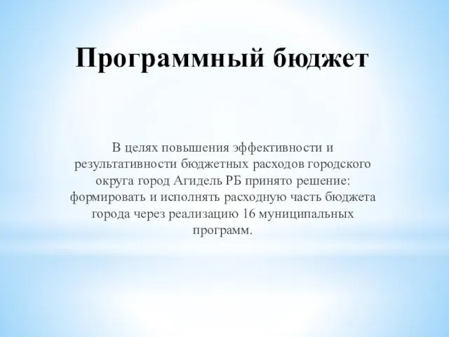 Программный бюджет В целях повышения эффективности и результативности бюджетных расходов