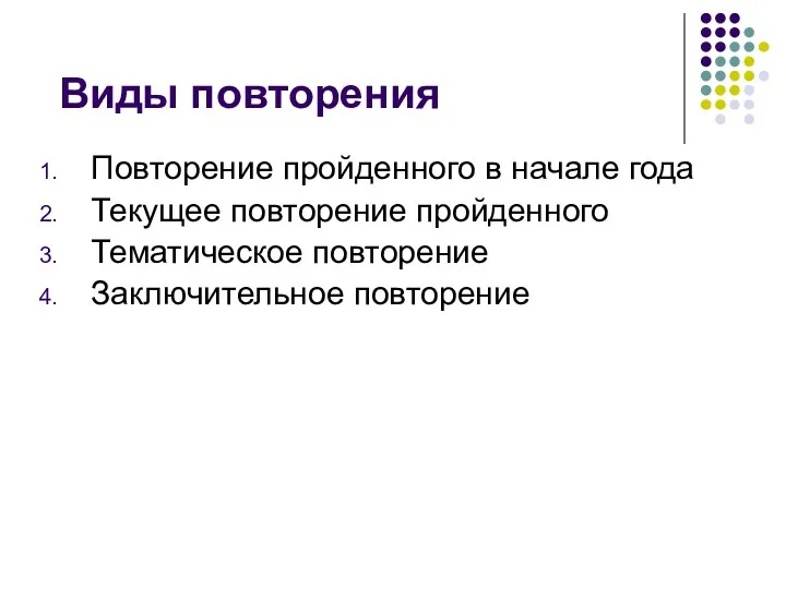 Виды повторения Повторение пройденного в начале года Текущее повторение пройденного Тематическое повторение Заключительное повторение