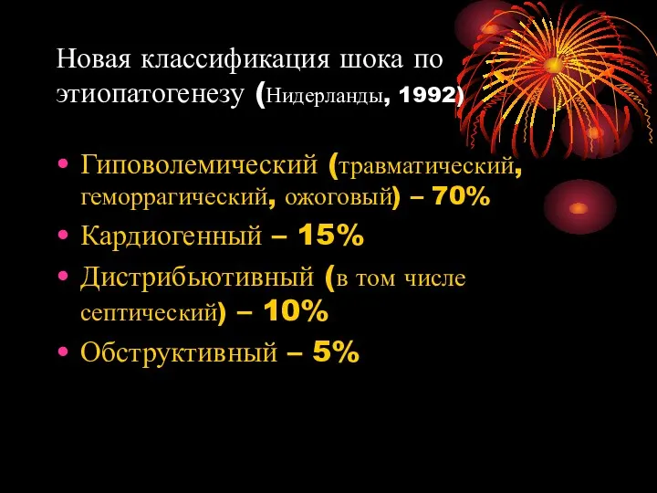 Новая классификация шока по этиопатогенезу (Нидерланды, 1992) Гиповолемический (травматический, геморрагический, ожоговый) – 70%