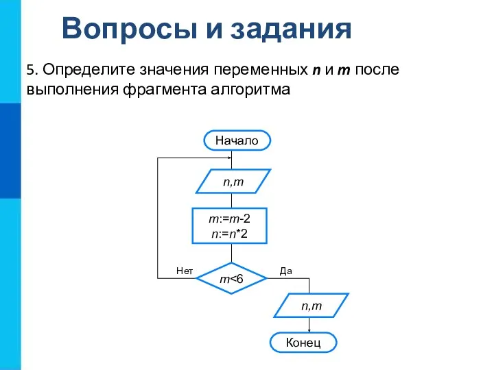 Вопросы и задания 5. Определите значения переменных n и m после выполнения фрагмента алгоритма