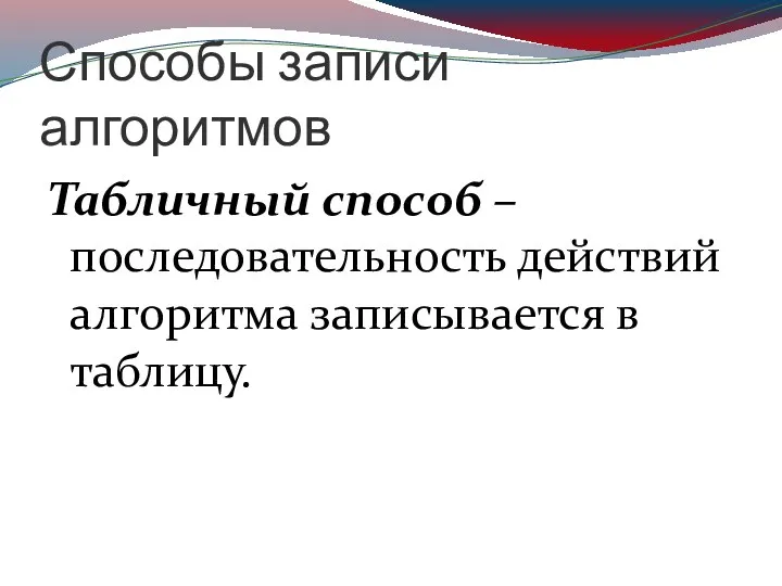 Способы записи алгоритмов Табличный способ – последовательность действий алгоритма записывается в таблицу.