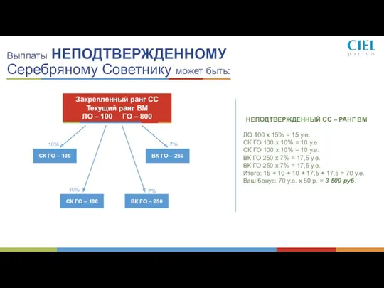 Выплаты НЕПОДТВЕРЖДЕННОМУ Серебряному Советнику может быть: НЕПОДТВЕРЖДЕННЫЙ СС – РАНГ