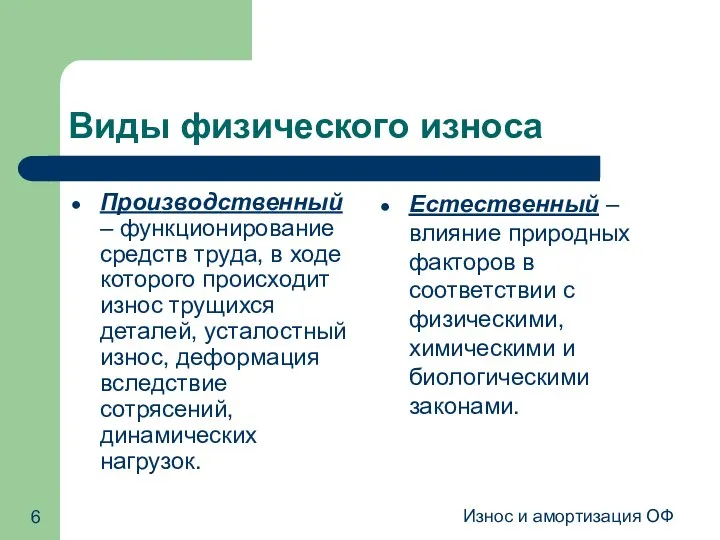 Износ и амортизация ОФ Виды физического износа Производственный – функционирование средств труда, в