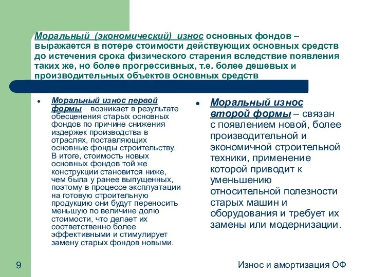 Износ и амортизация ОФ Моральный (экономический) износ основных фондов – выражается в потере