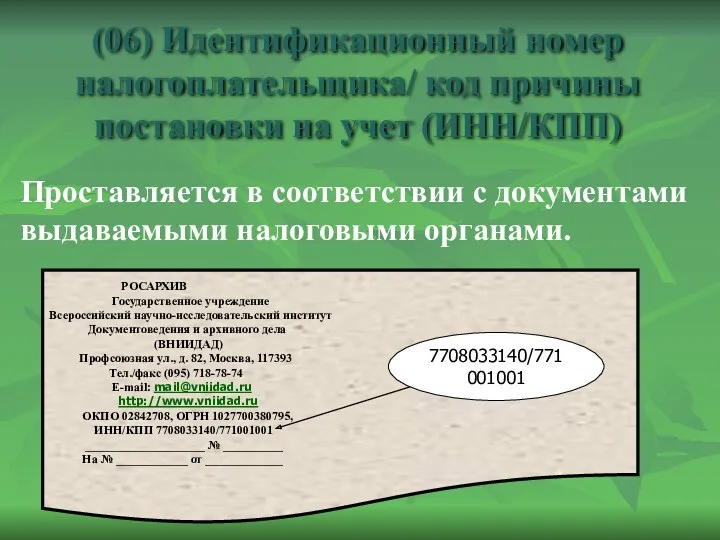 (06) Идентификационный номер налогоплательщика/ код причины постановки на учет (ИНН/КПП)