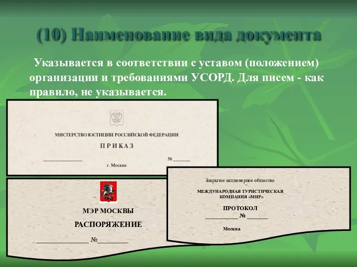 (10) Наименование вида документа Указывается в соответствии с уставом (положением)