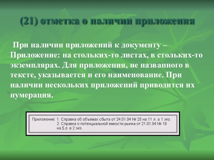 (21) отметка о наличии приложения При наличии приложений к документу