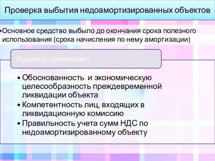 Проверка выбытия недоамортизированных объектов Основное средство выбыло до окончания срока