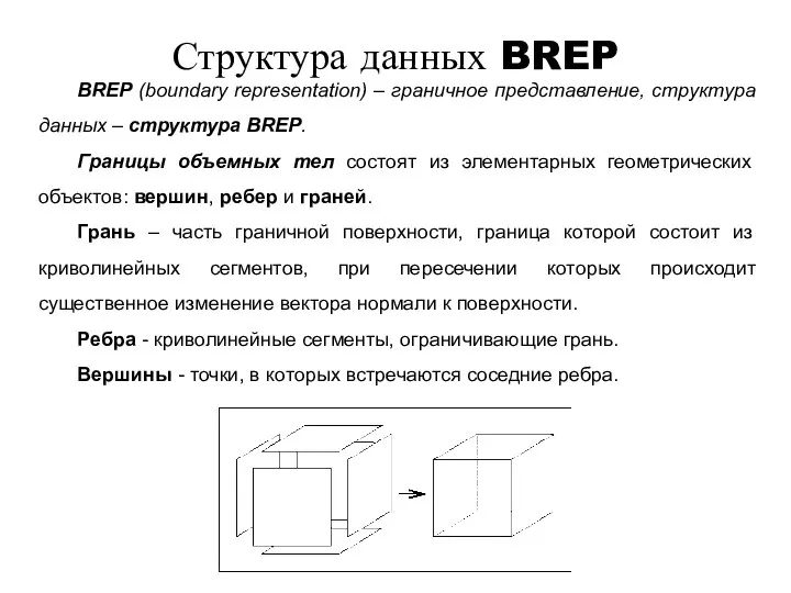 Структура данных BREP BREP (boundary representation) – граничное представление, структура данных – структура