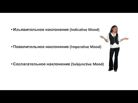 Изъявительное наклонение (Indicative Mood) Повелительное наклонение (Imperative Mood) Сослагательное наклонение (Subjunctive Mood)