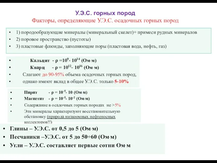 У.Э.С. горных пород Факторы, определяющие У.Э.С. осадочных горных пород 1)