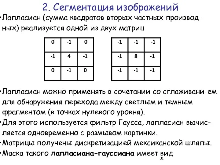 Лапласиан (сумма квадратов вторых частных производ-ных) реализуется одной из двух