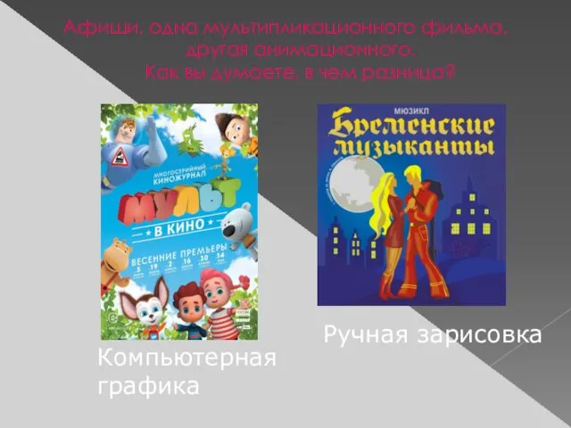 Афиши, одна мультипликационного фильма, другая анимационного. Как вы думаете, в чем разница? Компьютерная графика Ручная зарисовка