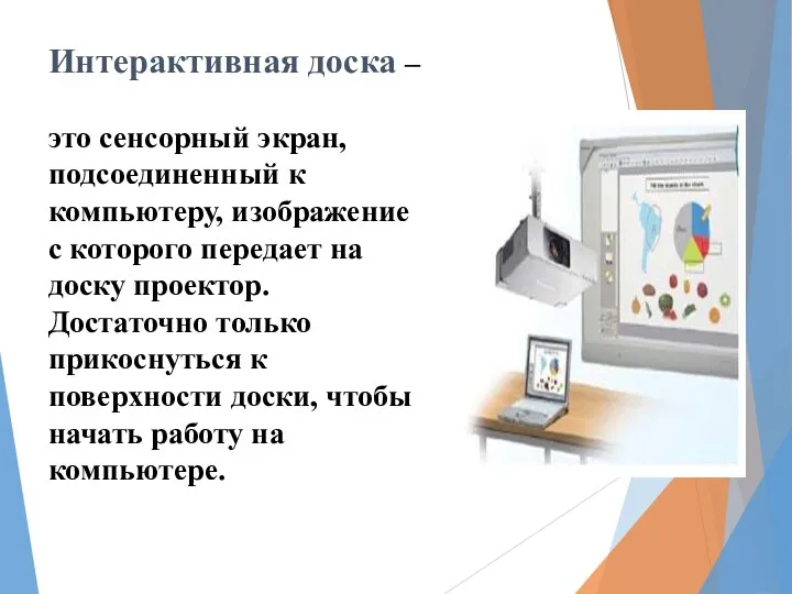 Интерактивная доска – это сенсорный экран, подсоединенный к компьютеру, изображение