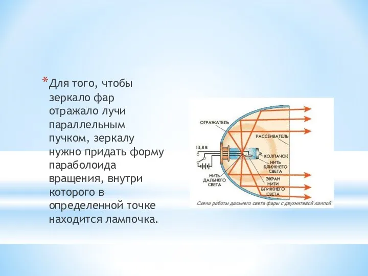 Для того, чтобы зеркало фар отражало лучи параллельным пучком, зеркалу