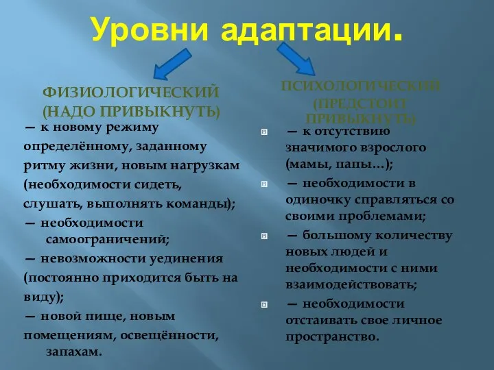 Уровни адаптации. ФИЗИОЛОГИЧЕСКИЙ (НАДО ПРИВЫКНУТЬ) ПСИХОЛОГИЧЕСКИЙ (ПРЕДСТОИТ ПРИВЫКНУТЬ) — к