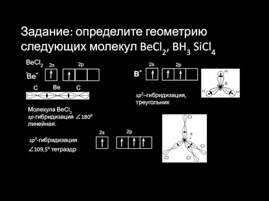 Задание: определите геометрию следующих молекул BeCl2, BH3 SiCl4 Молекула ВеСl2