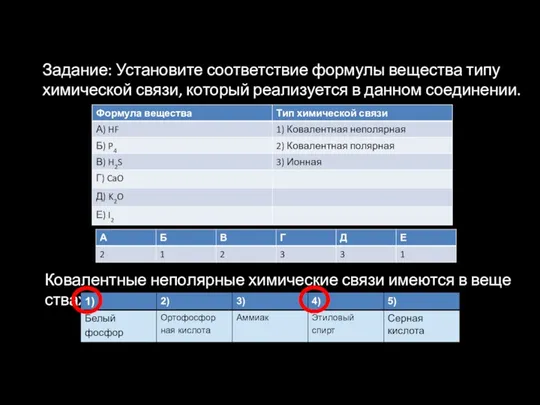 Задание: Установите соответствие формулы вещества типу химической связи, который реализуется