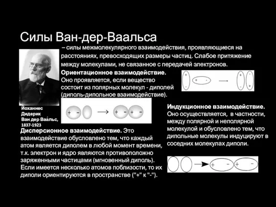 Силы Ван-дер-Ваальса Йоханнес Дидерик Ван дер Ваа́льс, 1837-1923 – силы