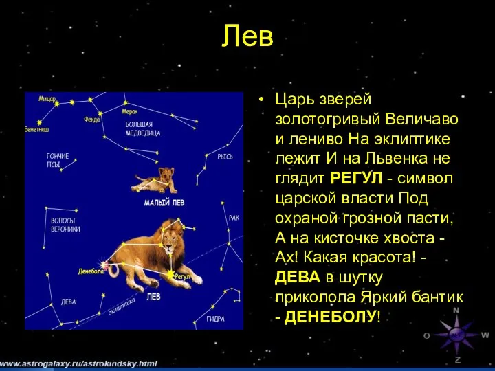 Лев Царь зверей золотогривый Величаво и лениво На эклиптике лежит