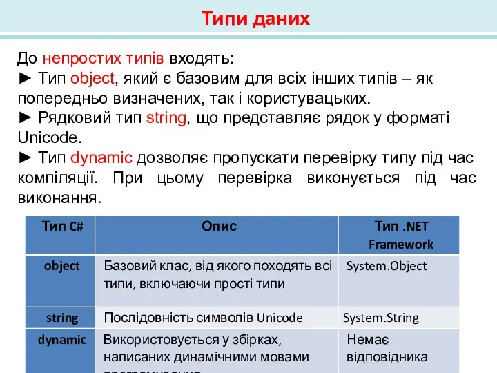 До непростих типів входять: ► Тип object, який є базовим