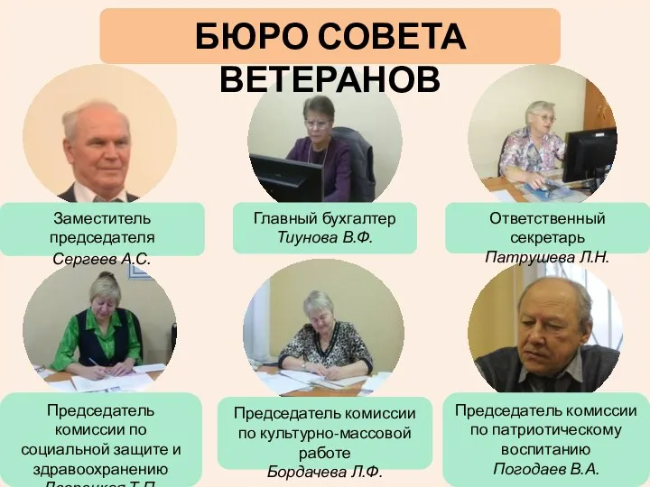 БЮРО СОВЕТА ВЕТЕРАНОВ Заместитель председателя Сергеев А.С. Главный бухгалтер Тиунова