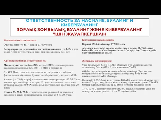 ОТВЕТСТВЕННОСТЬ ЗА НАСИЛИЕ, БУЛЛИНГ И КИБЕРБУЛЛИНГ ЗОРЛЫҚ-ЗОМБЫЛЫҚ, БУЛЛИНГ ЖӘНЕ КИБЕРБУЛЛИНГ