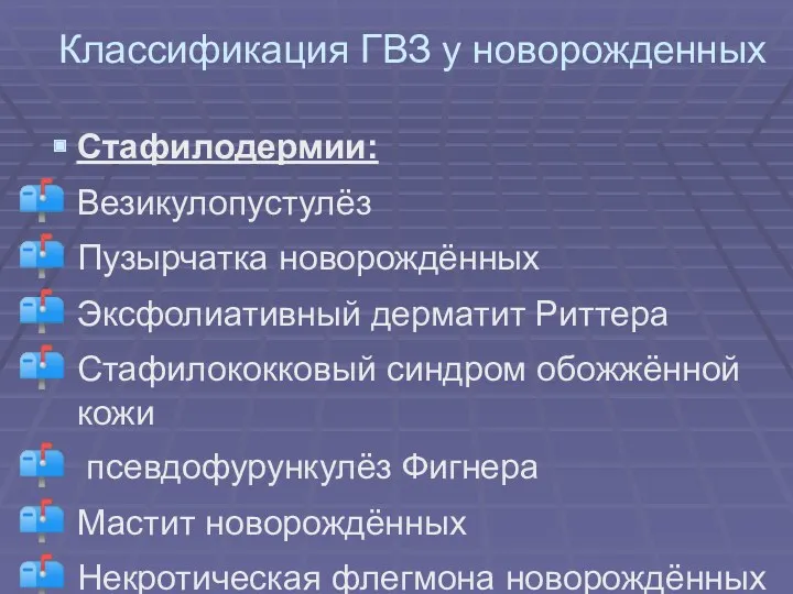 Классификация ГВЗ у новорожденных Стафилодермии: Везикулопустулёз Пузырчатка новорождённых Эксфолиативный дерматит