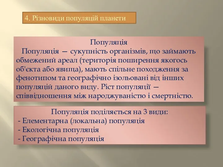 4. Різновиди популяцій планети Популяція Популяція — сукупність організмів, що