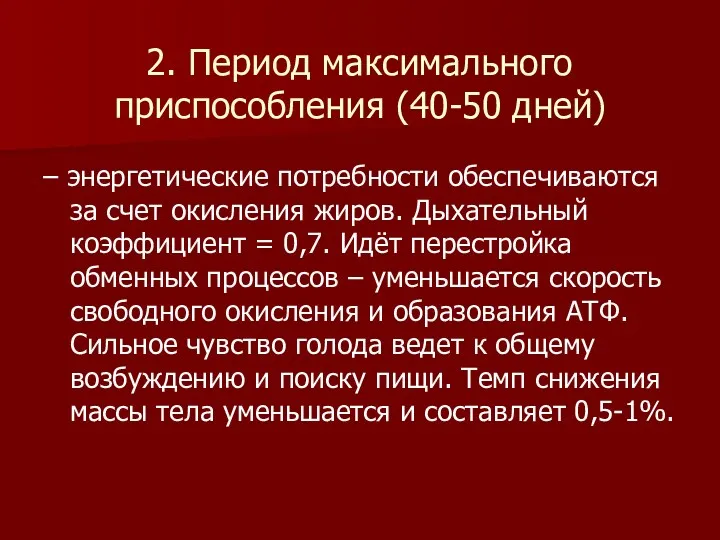 2. Период максимального приспособления (40-50 дней) – энергетические потребности обеспечиваются