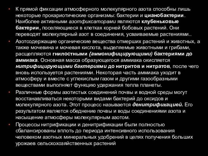 К прямой фиксации атмосферного молекулярного азота способны лишь некоторые прокариотические