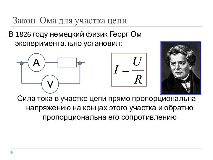 Закон Ома для участка цепи В 1826 году немецкий физик Георг Ом экспериментально