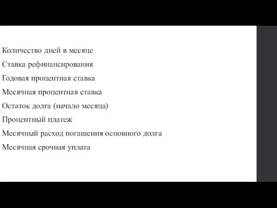 Количество дней в месяце Ставка рефинансирования Годовая процентная ставка Месячная