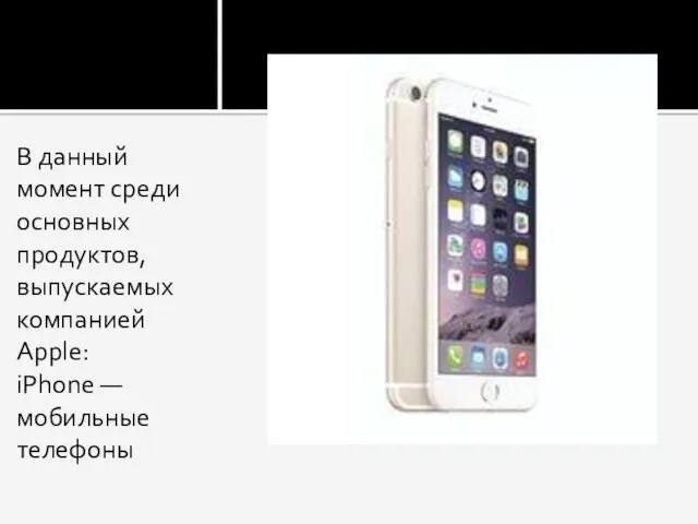 В данный момент среди основных продуктов, выпускаемых компанией Apple: iPhone — мобильные телефоны