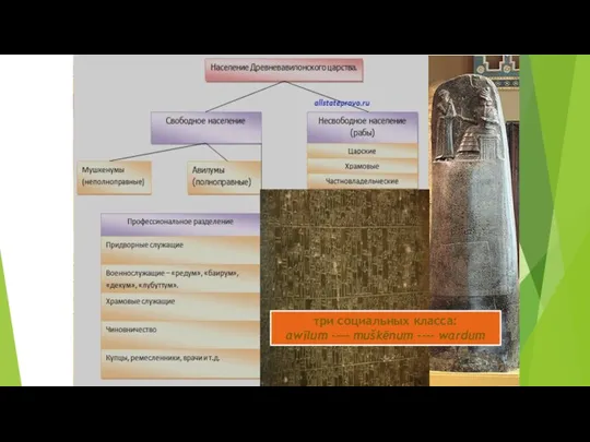 три социальных класса: awīlum ---- muškēnum ---- wardum
