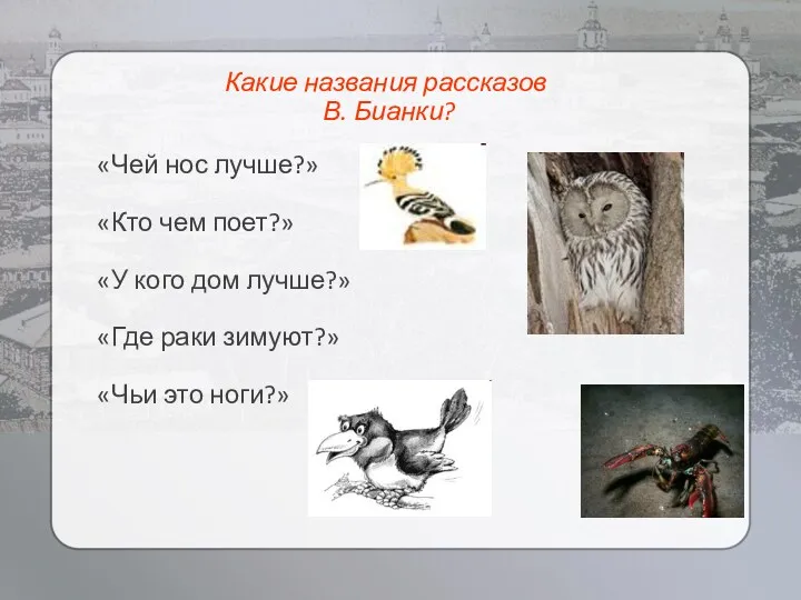 Какие названия рассказов В. Бианки? «Чей нос лучше?» «Кто чем