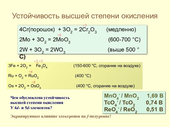 Устойчивость высшей степени окисления 4Cr(порошок) + 3O2 = 2Cr2O3 (медленно)