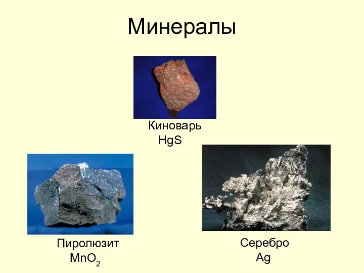 Минералы Киноварь HgS Пиролюзит MnO2 Серебро Ag