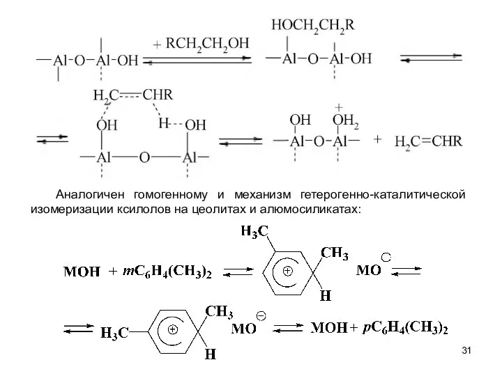 Аналогичен гомогенному и механизм гетерогенно-каталитической изомеризации ксилолов на цеолитах и алюмосиликатах: