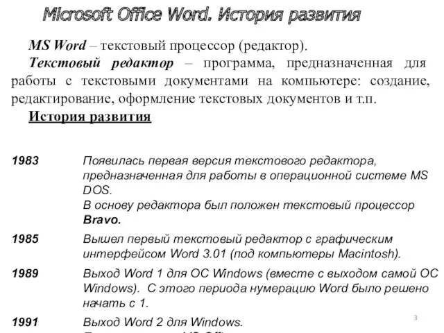 Microsoft Office Word. История развития MS Word – текстовый процессор