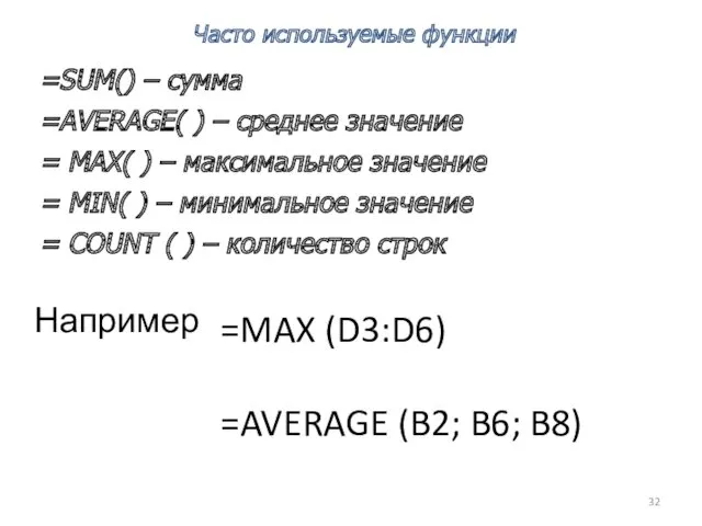 =SUM() – сумма =AVERAGE( ) – среднее значение = MAX( ) – максимальное