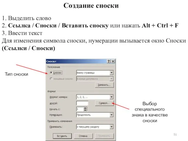 Тип сноски Выбор специального знака в качестве сноски Создание сноски 1. Выделить слово