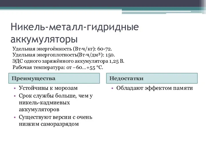 Никель-металл-гидридные аккумуляторы Преимущества Недостатки Устойчивы к морозам Срок службы больше,